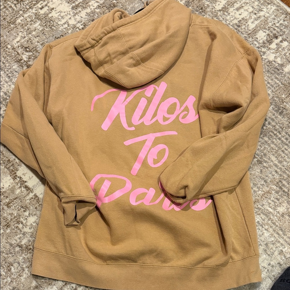Tan Hoodie with Pink Print